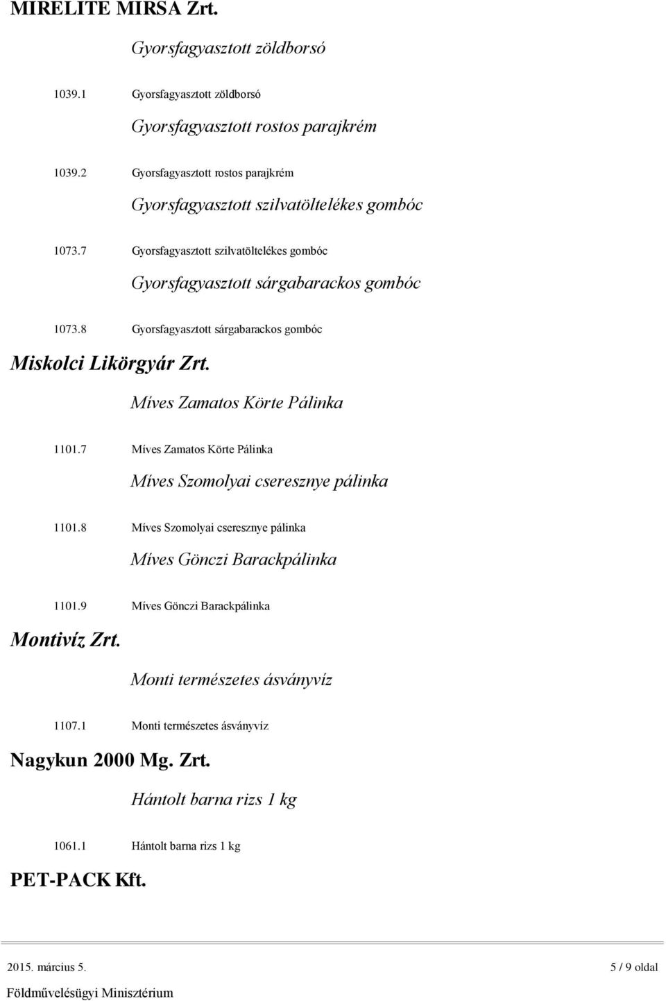 8 Gyorsfagyasztott sárgabarackos gombóc Miskolci Likörgyár Zrt. Míves Zamatos Körte Pálinka 1101.7 Míves Zamatos Körte Pálinka Míves Szomolyai cseresznye pálinka 1101.