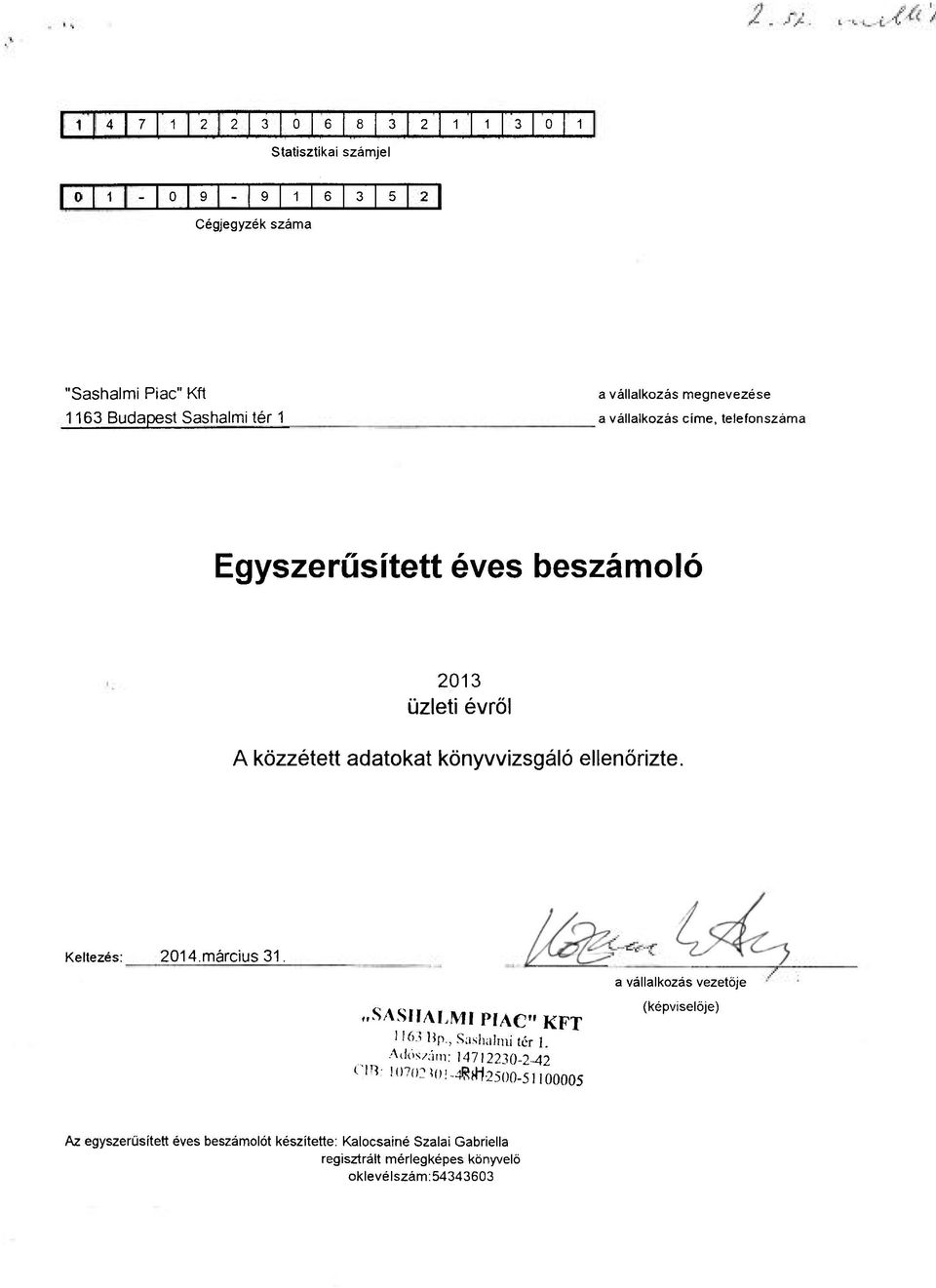 könyvvizsgáló ellenőrizte. Keltezés: 2014.március 31. a vállalkozás vezetője..sashaí.mf PfAC" KFT "f>'hp., Saslialniitérl.