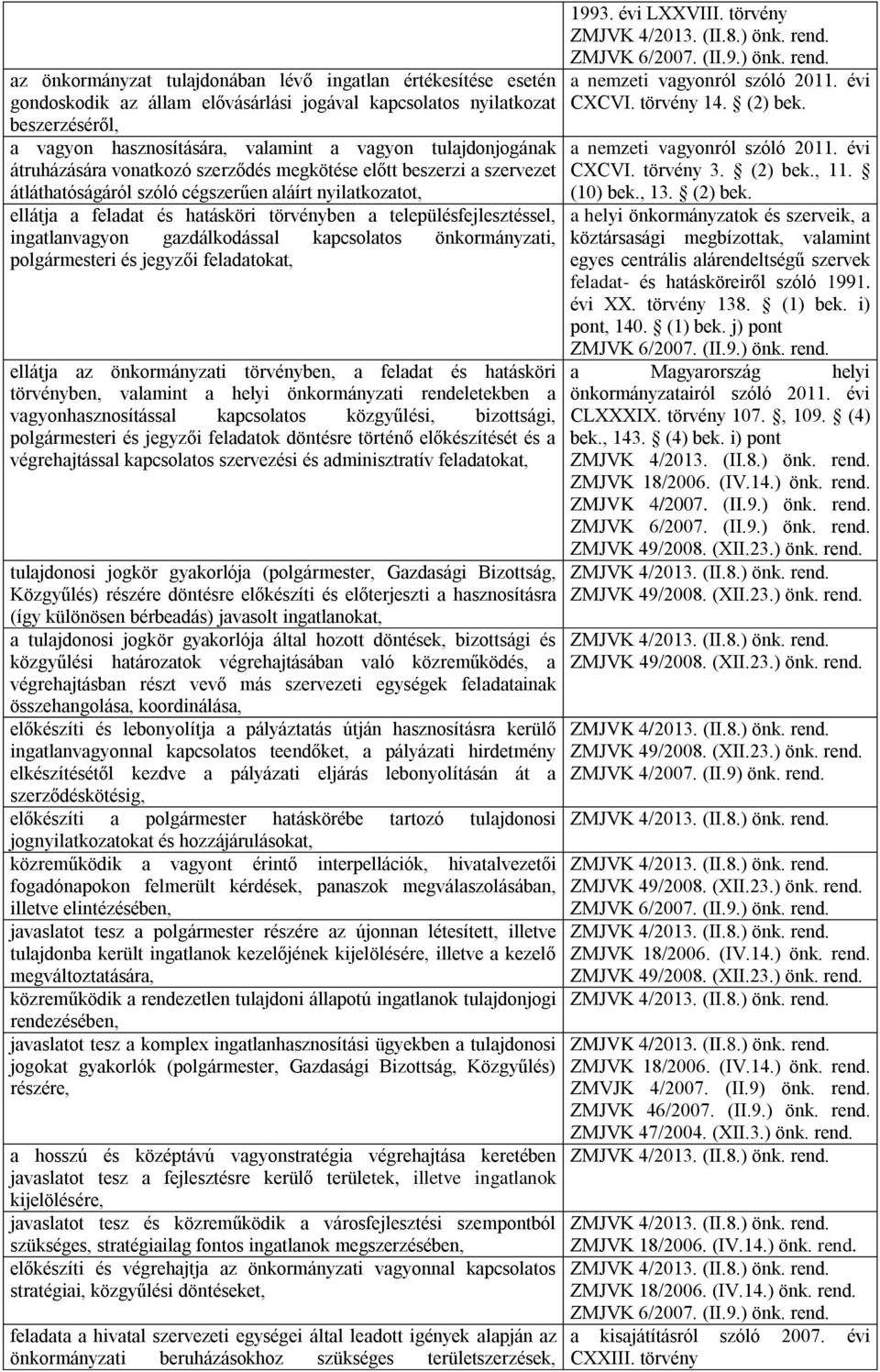 településfejlesztéssel, ingatlanvagyon gazdálkodással kapcsolatos önkormányzati, polgármesteri és jegyzői feladatokat, ellátja az önkormányzati törvényben, a feladat és hatásköri törvényben, valamint