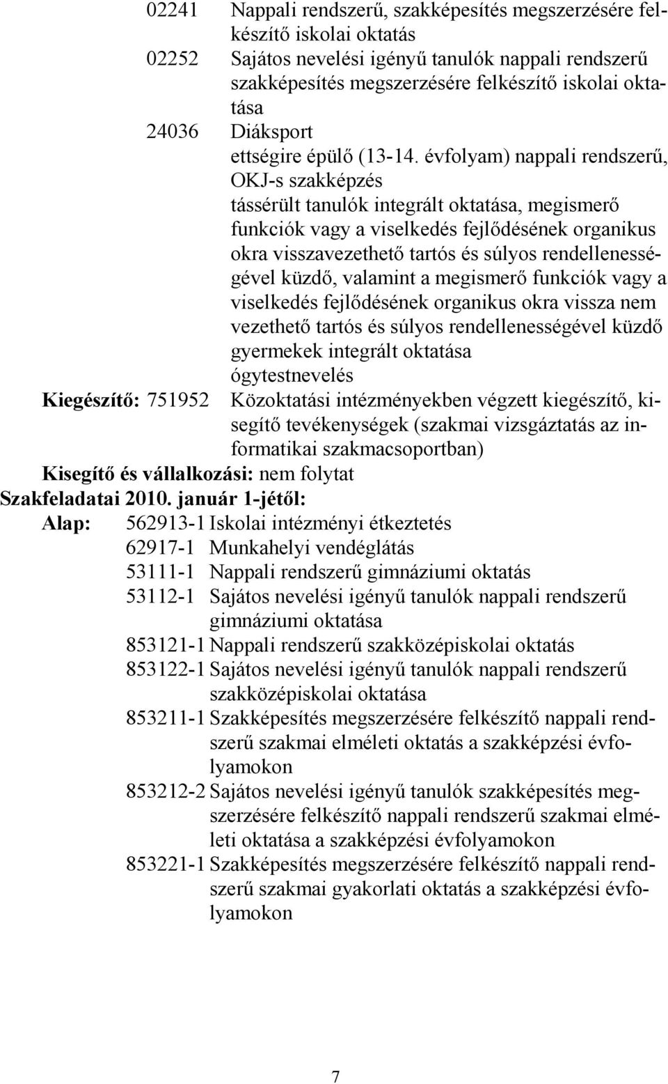 évfolyam) nappali rendszerű, OKJ-s szakképzés tássérült tanulók integrált oktatása, megismerő funkciók vagy a viselkedés fejlődésének organikus okra visszavezethető tartós és súlyos