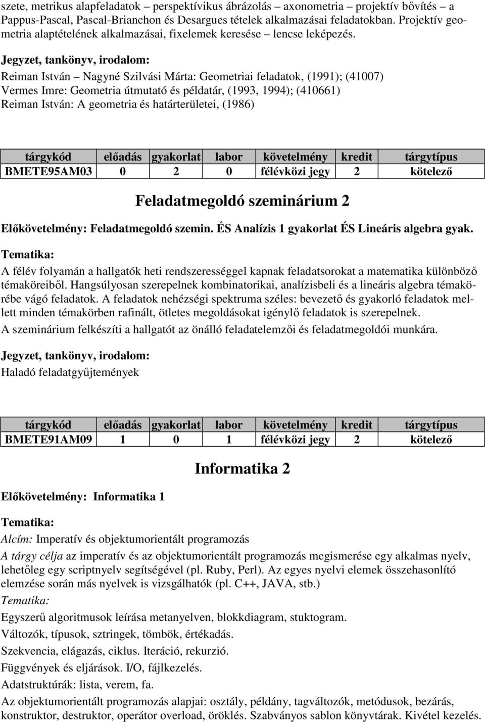 Reiman István Nagyné Szilvási Márta: Geometriai feladatok, (1991); (41007) Vermes Imre: Geometria útmutató és példatár, (1993, 1994); (410661) Reiman István: A geometria és határterületei, (1986)