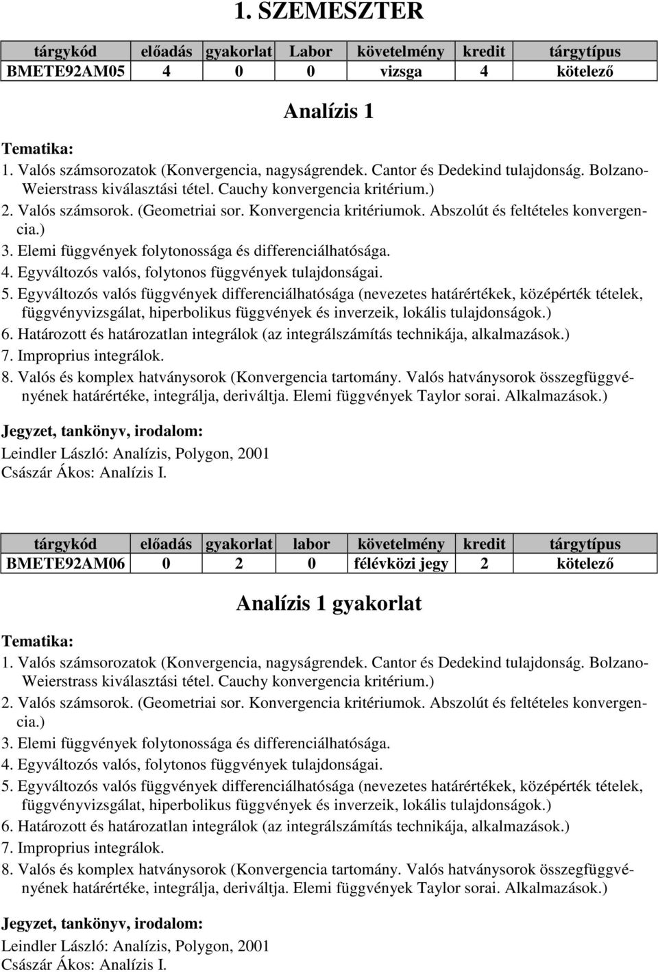 Abszolút és feltételes konvergencia.) 3. Elemi függvények folytonossága és differenciálhatósága. 4. Egyváltozós valós, folytonos függvények tulajdonságai. 5.