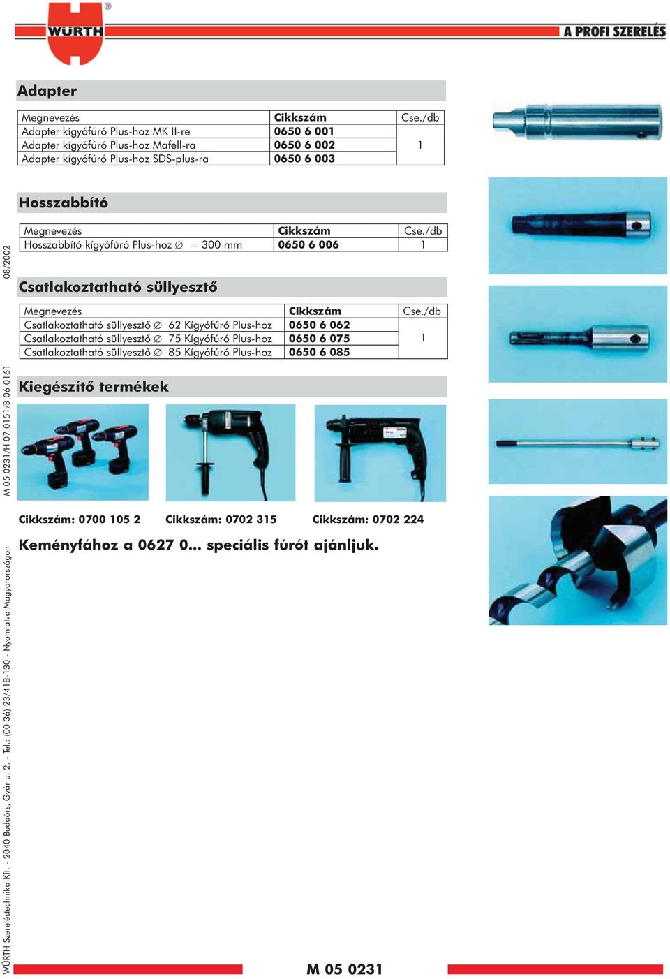 : (00 36) 23/48-30 - Nyomtatva Magyarországon M 05 023/H 07 05/B 06 06 08/2002 Megnevezés Hosszabbító kígyófúró Plus-hoz = 300 0650 6 006 Csatlakoztatható süllyesztõ Megnevezés