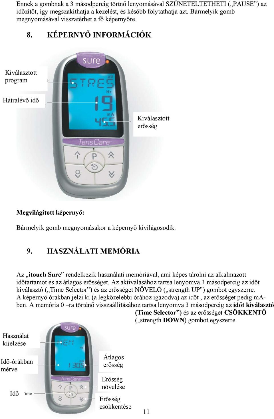 KÉPERNYŐ INFORMÁCIÓK Kiválasztott program Hátralévő idő Kiválasztott erősség Megvilágított képernyő: Bármelyik gomb megnyomásakor a képernyő kivilágosodik. 9.