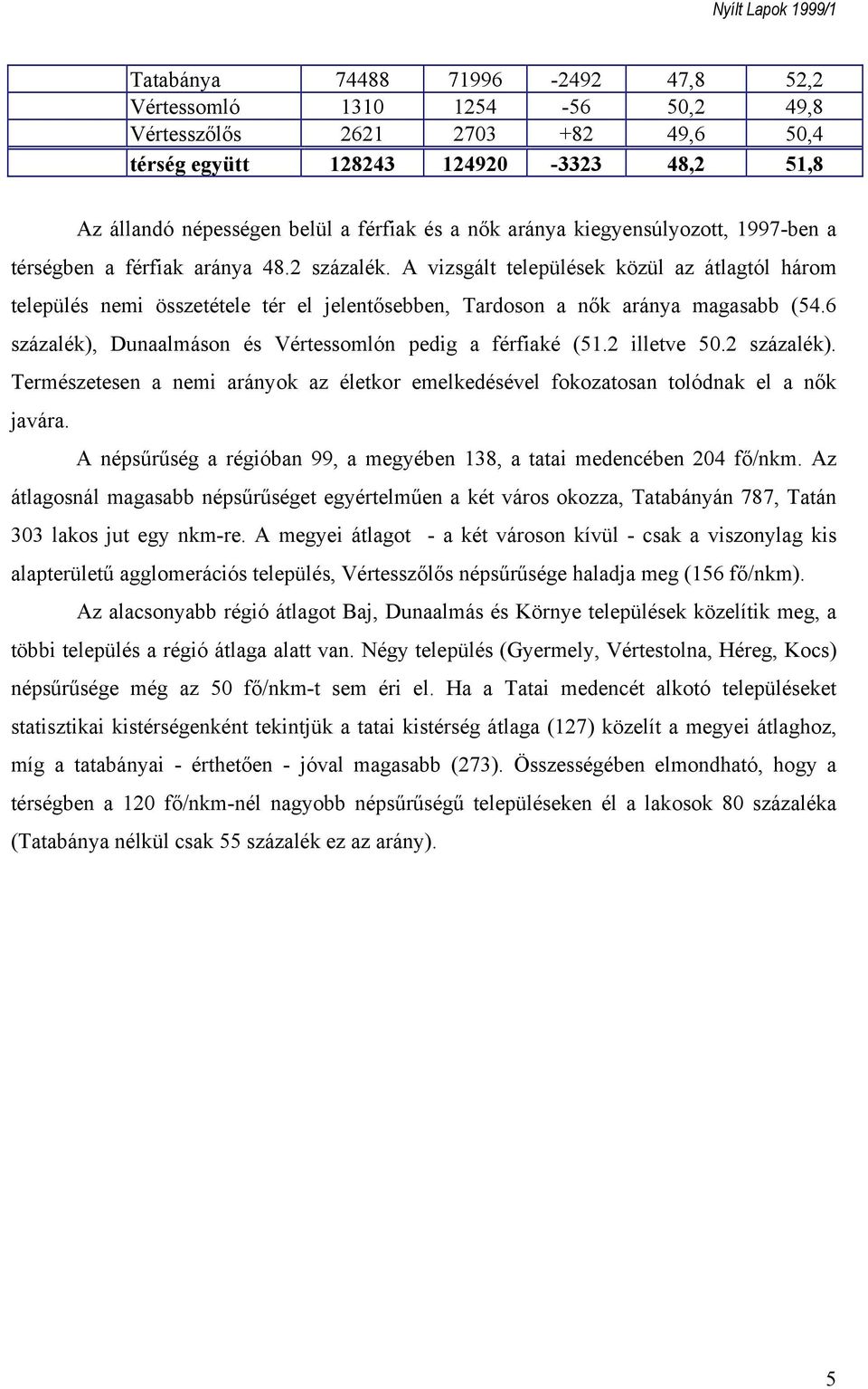 A vizsgált települések közül az átlagtól három település nemi összetétele tér el jelentősebben, Tardoson a nők aránya magasabb (54.6 százalék), Dunaalmáson és Vértessomlón pedig a férfiaké (51.