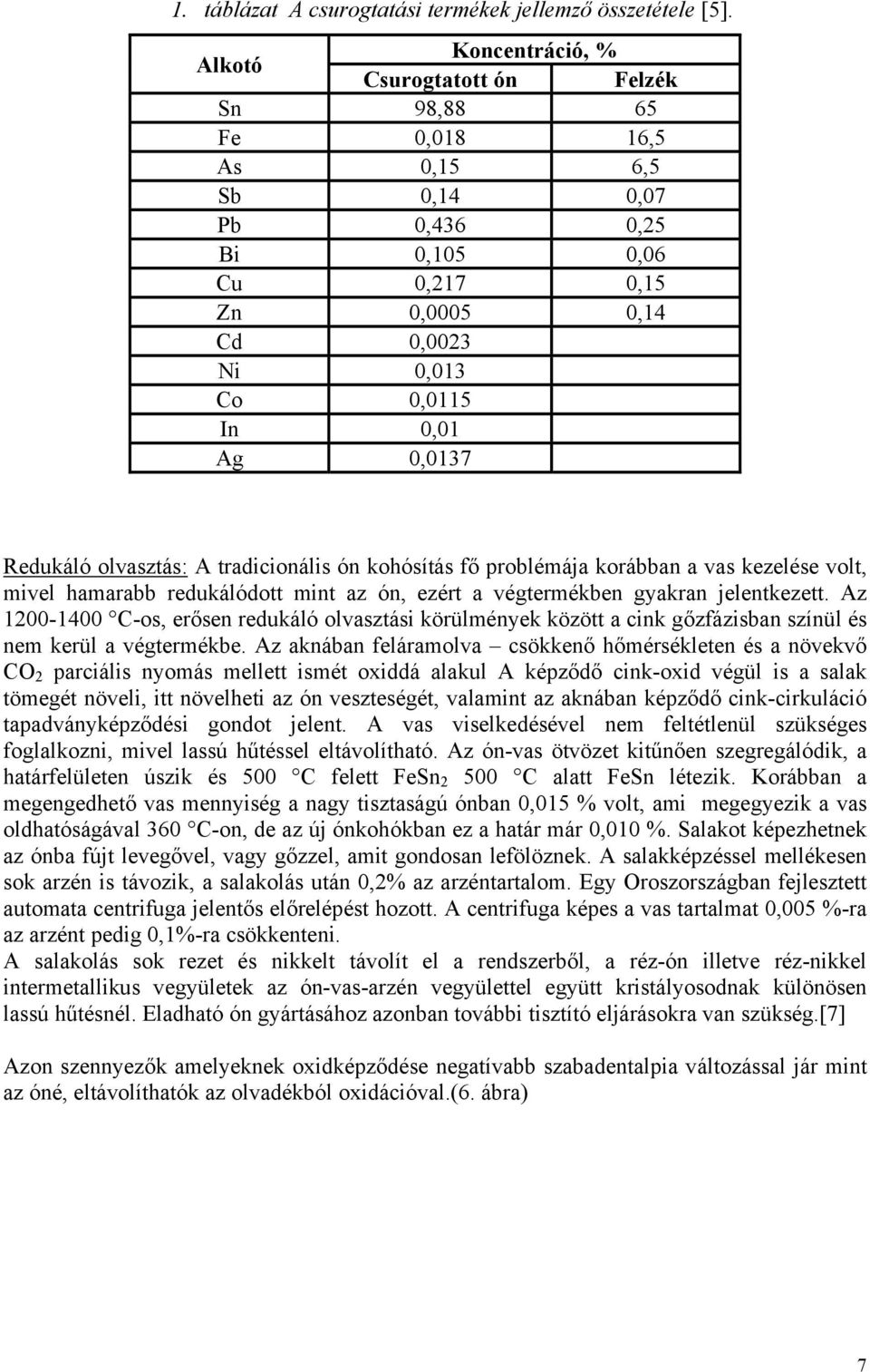 0,0137 Redukáló olvasztás: A tradicionális ón kohósítás fő problémája korábban a vas kezelése volt, mivel hamarabb redukálódott mint az ón, ezért a végtermékben gyakran jelentkezett.