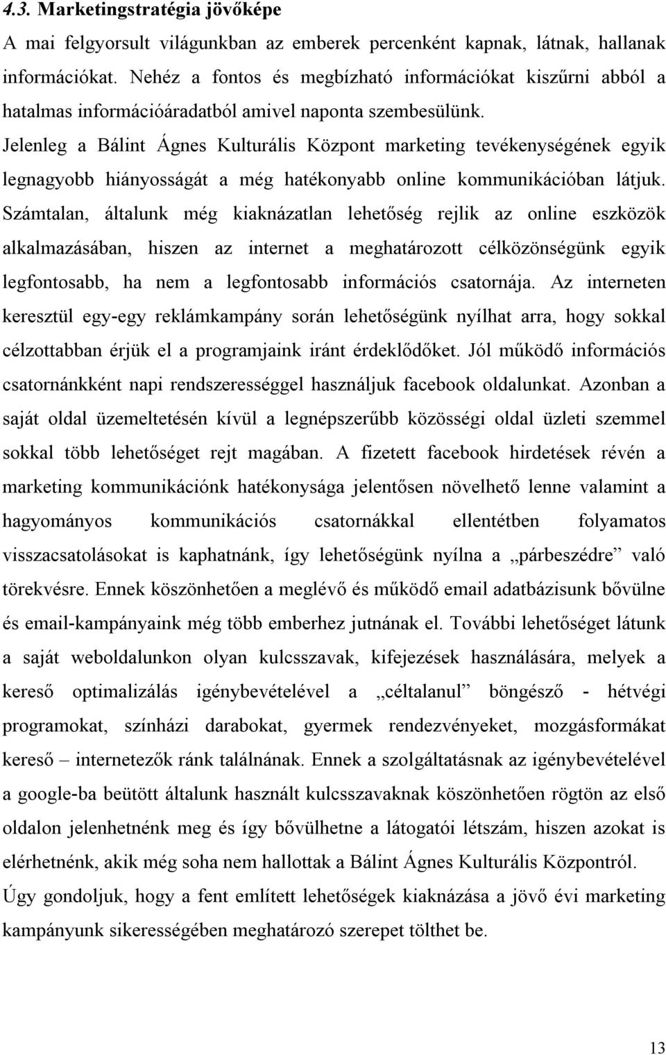 Jelenleg a Bálint Ágnes Kulturális Központ marketing tevékenységének egyik legnagyobb hiányosságát a még hatékonyabb online kommunikációban látjuk.