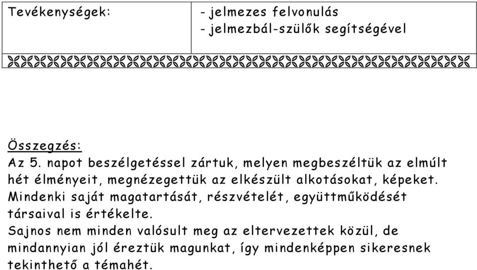 alkotásokat, képeket. Mindenki saját magatartását, részvételét, együttműködését társaival is értékelte.