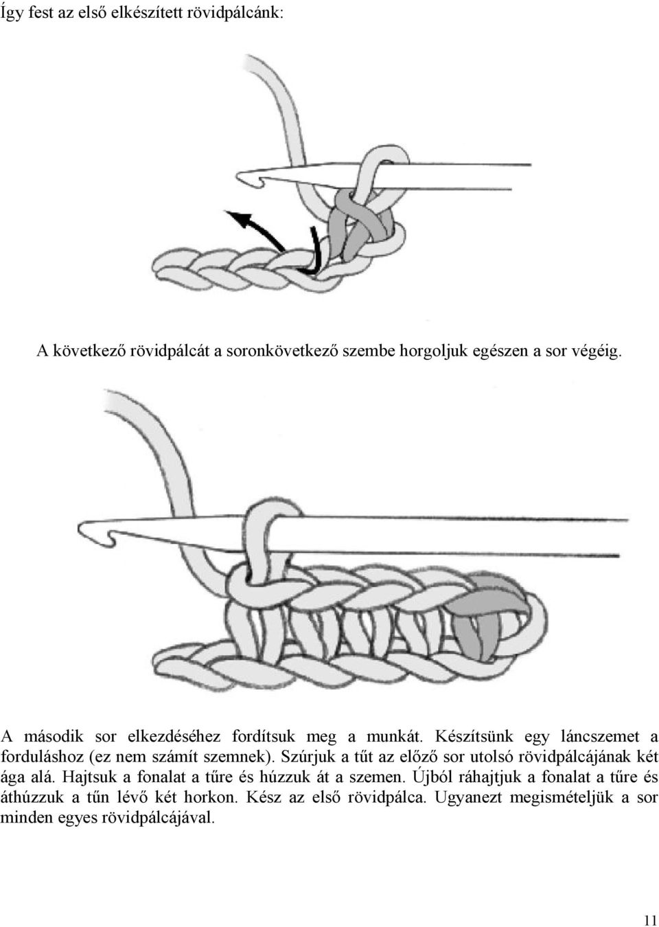 Szúrjuk a tűt az előző sor utolsó rövidpálcájának két ága alá. Hajtsuk a fonalat a tűre és húzzuk át a szemen.