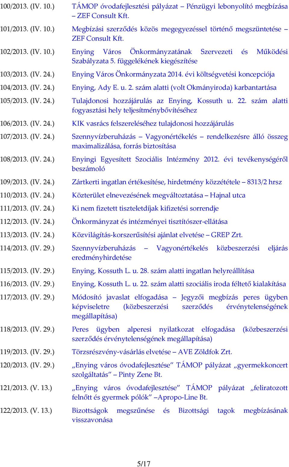 évi költségvetési koncepciója 104/2013. (IV. 24.) Enying, Ady E. u. 2. szám alatti (volt Okmányiroda) karbantartása 105/2013. (IV. 24.) Tulajdonosi hozzájárulás az Enying, Kossuth u. 22.