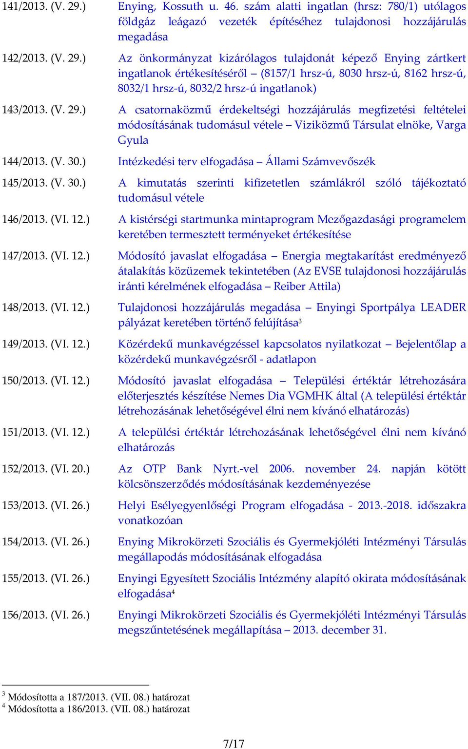 ) Intézkedési terv elfogadása Állami Számvevőszék 145/2013. (V. 30.) A kimutatás szerinti kifizetetlen számlákról szóló tájékoztató tudomásul vétele 146/2013. (VI. 12.