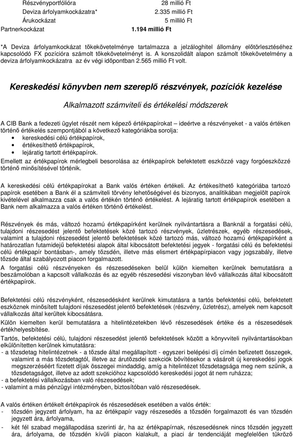 A konszolidált alapon számolt tıkekövetelmény a deviza árfolyamkockázatra az év végi idıpontban 2.565 millió Ft volt.