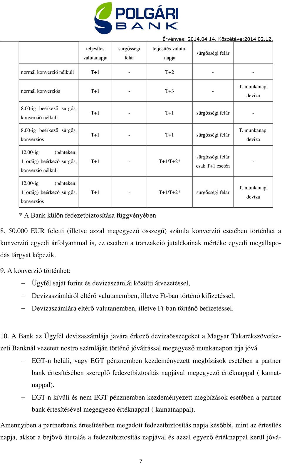 00-ig (pénteken: 11óráig) beérkező sürgős, konverzió nélküli T+1 - T+1/T+2* sürgősségi felár csak T+1 esetén - 12.