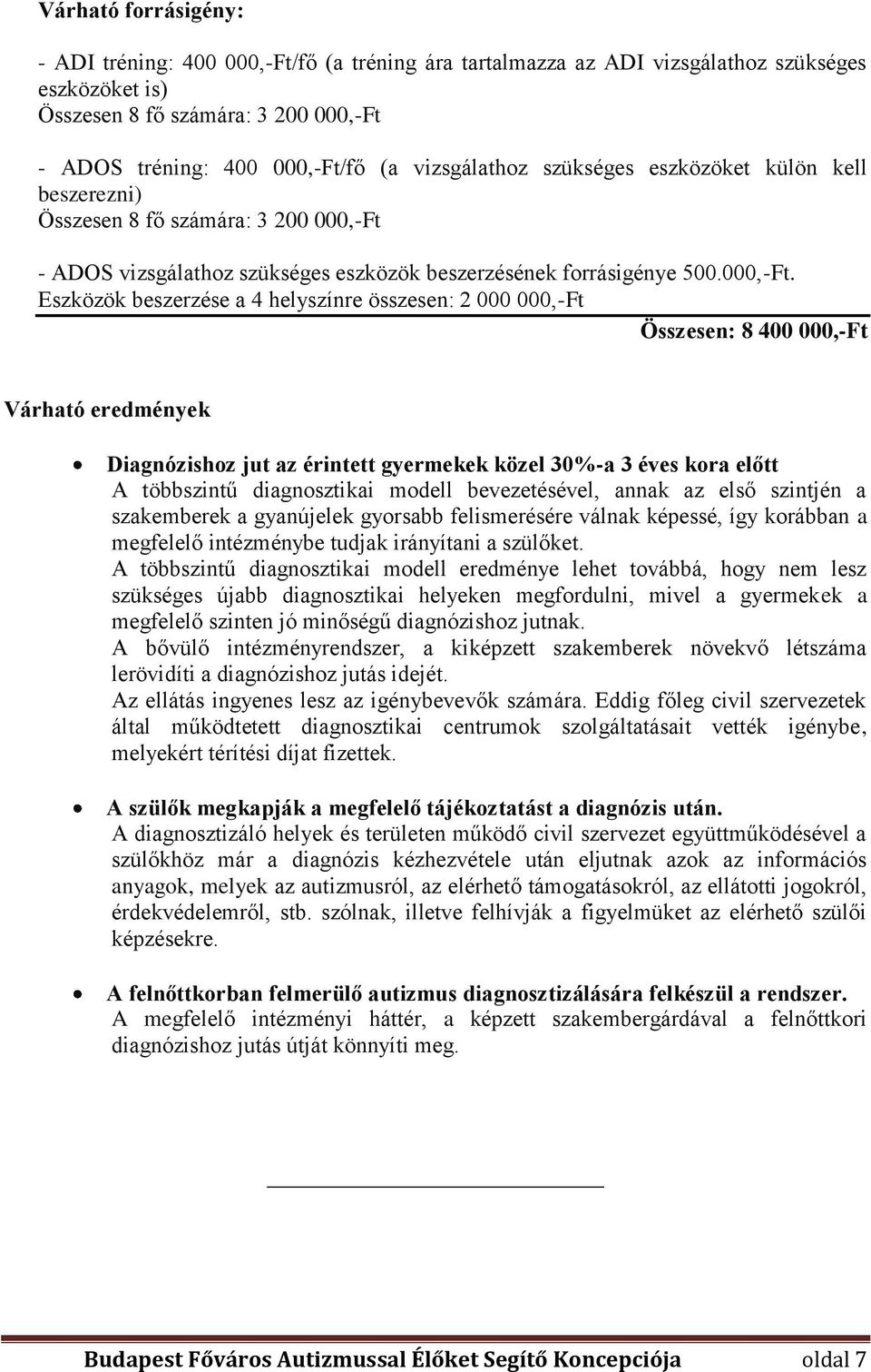 - ADOS vizsgálathoz szükséges eszközök beszerzésének forrásigénye 500.000,-Ft.