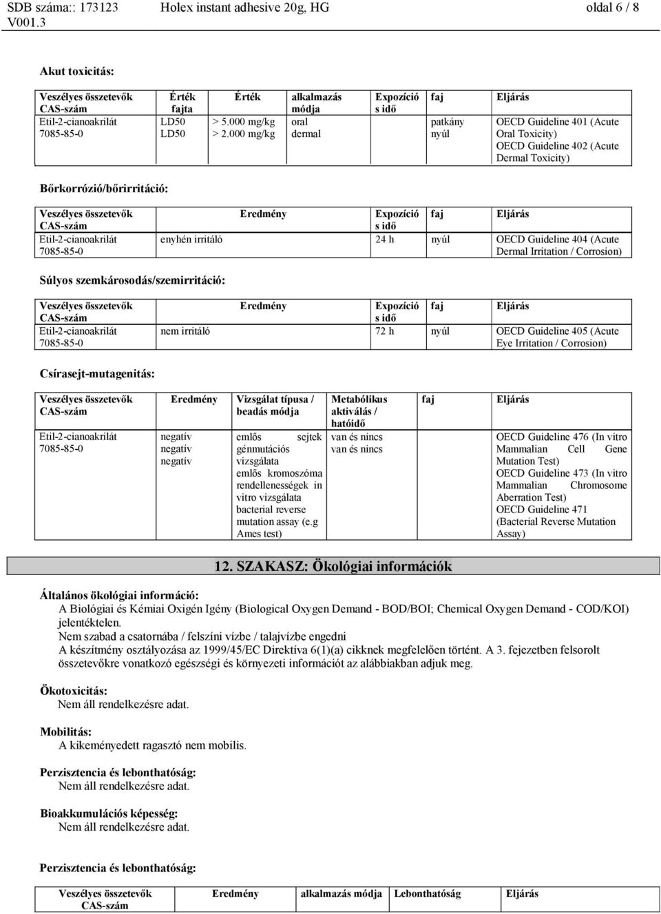 Expozíció s idő faj Eljárás enyhén irritáló 24 h nyúl OECD Guideline 404 (Acute Dermal Irritation / Corrosion) Súlyos szemkárosodás/szemirritáció: Eredmény Expozíció s idő faj Eljárás nem irritáló 72