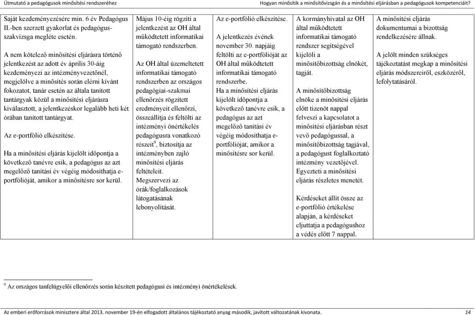 tanított tantárgyak közül a minősítési eljárásra kiválasztott, a jelentkezéskor legalább heti két órában tanított tantárgyat. Az e-portfólió elkészítése.