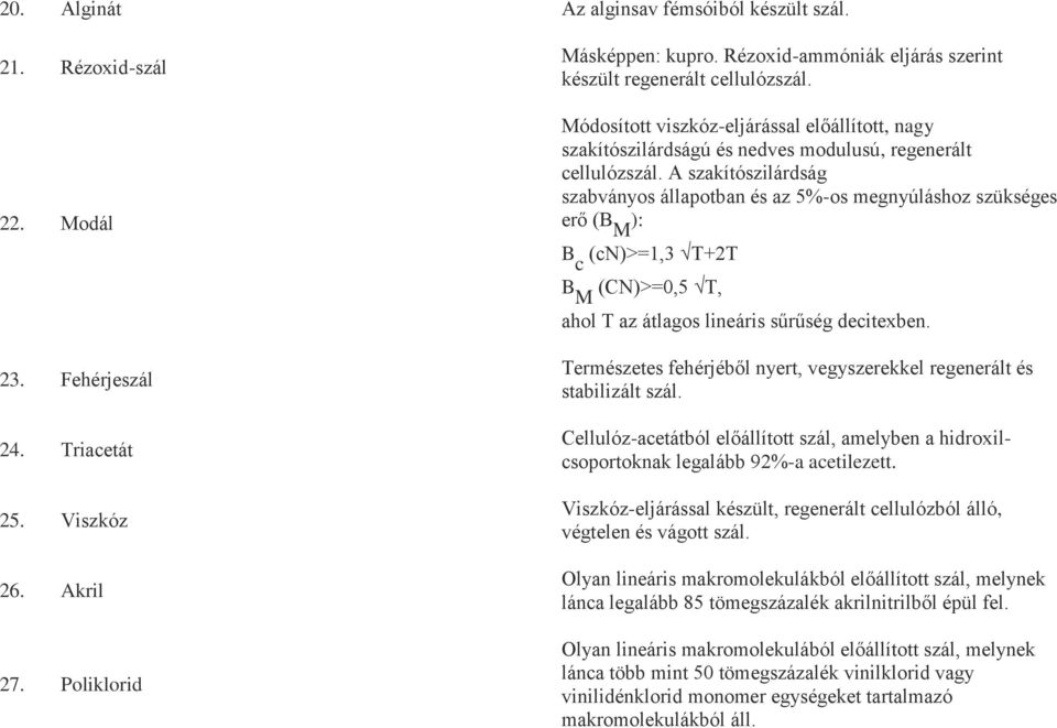 A szakítószilárdság szabványos állapotban és az 5%-os megnyúláshoz szükséges erő (B M ): B c (cn)>=1,3 T+2T B M (CN)>=0,5 T, ahol T az átlagos lineáris sűrűség decitexben.