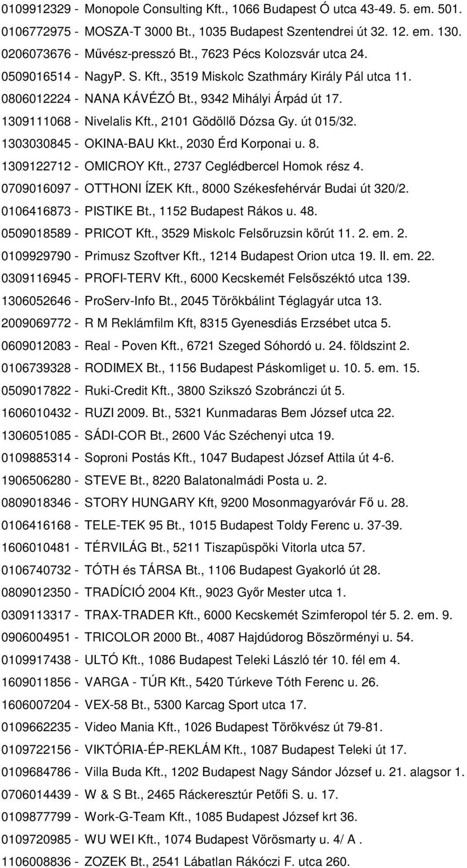 , 2101 Gödöllő Dózsa Gy. út 015/32. 1303030845 - OKINA-BAU Kkt., 2030 Érd Korponai u. 8. 1309122712 - OMICROY Kft., 2737 Ceglédbercel Homok rész 4. 0709016097 - OTTHONI ÍZEK Kft.