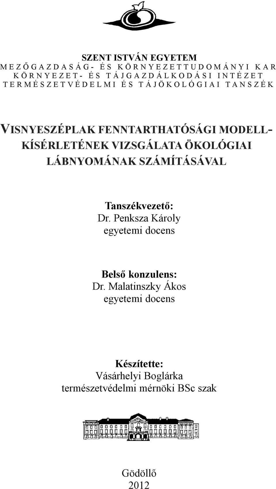 FENNTARTHATÓSÁGI MODELL- KÍSÉRLETÉNEK VIZSGÁLATA ÖKOLÓGIAI LÁBNYOMÁNAK SZÁMÍTÁSÁVAL Tanszékvezető: Dr.