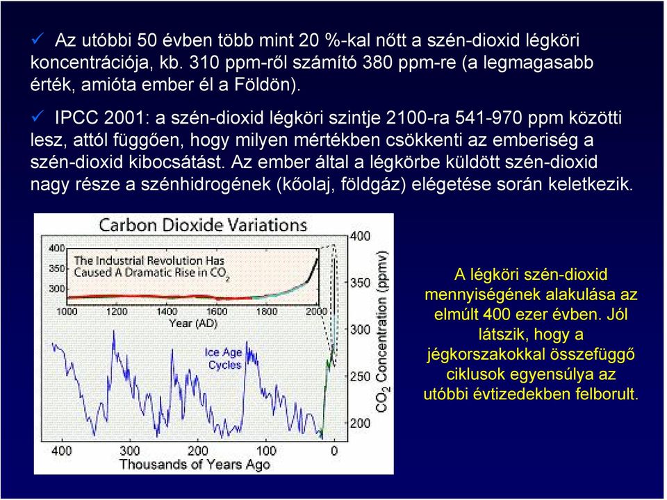 IPCC 2001: a szén-dioxid légköri szintje 2100-ra 541-970 ppm közötti lesz, attól függően, hogy milyen mértékben csökkenti az emberiség a szén-dioxid