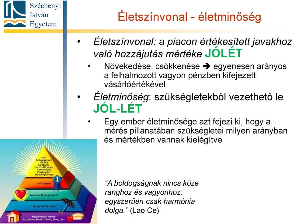 vezethető le JÓL-LÉT Egy ember életminősége azt fejezi ki, hogy a mérés pillanatában szükségletei milyen arányban és