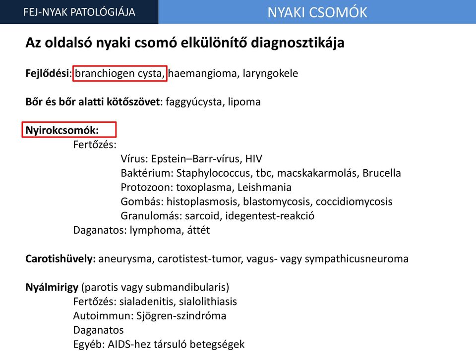 Gombás: histoplasmosis, blastomycosis, coccidiomycosis Granulomás: sarcoid, idegentest-reakció Daganatos: lymphoma, áttét Carotishüvely: aneurysma, carotistest-tumor,