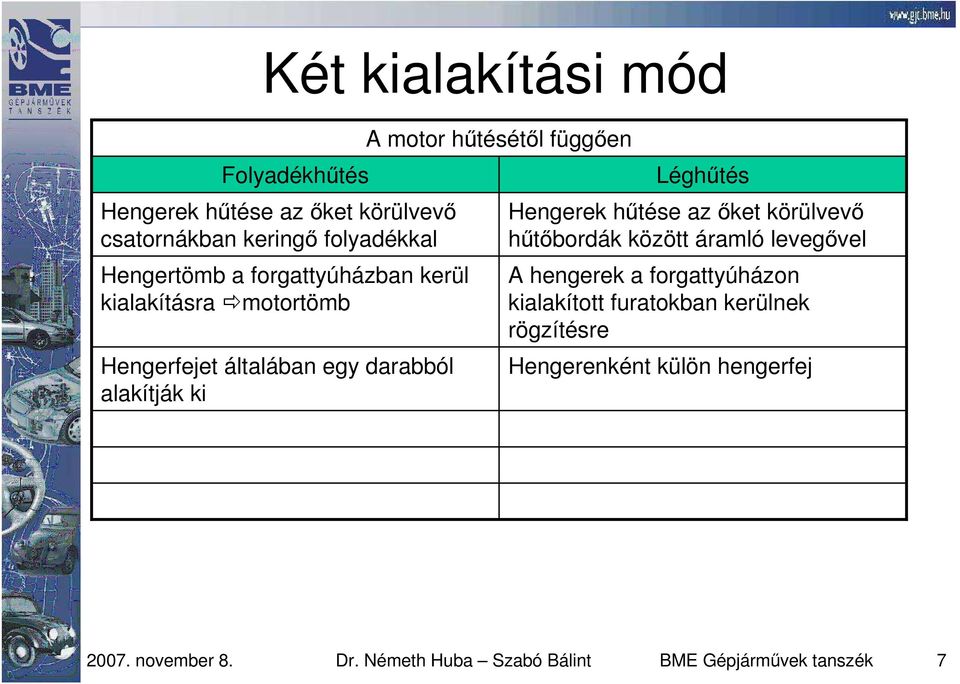 Léghőtés Hengerek hőtése az ıket körülvevı hőtıbordák között áramló levegıvel A hengerek a forgattyúházon kialakított