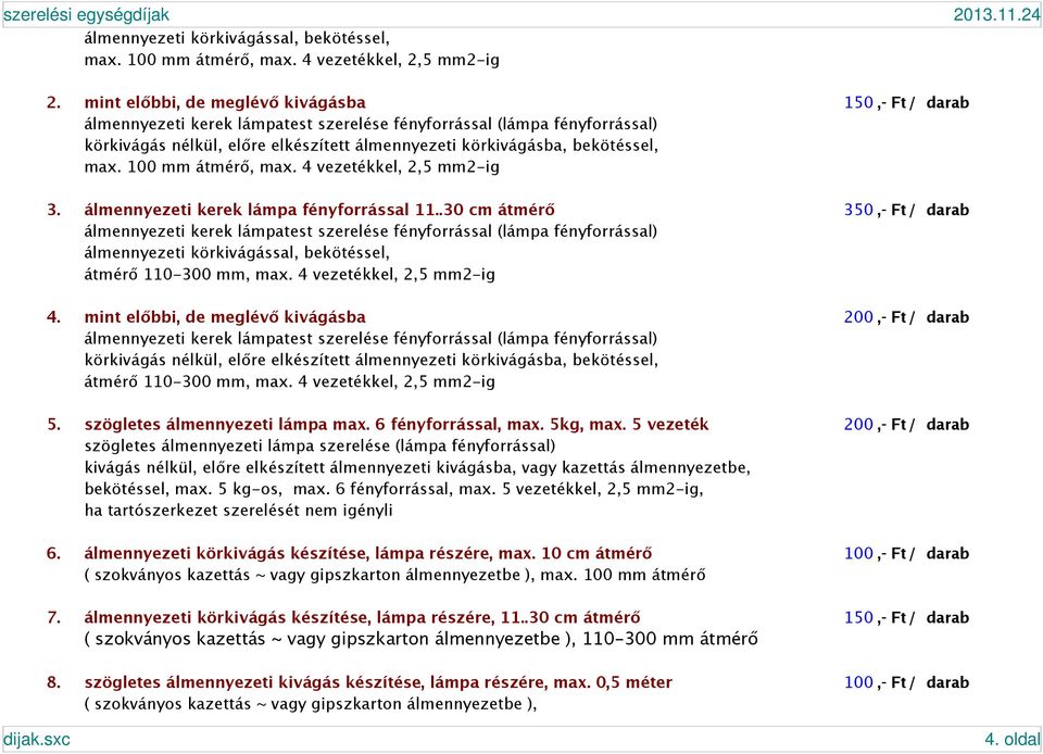 bekötéssel, max. 100 mm átmérő, max. 4 vezetékkel, 2,5 mm2-ig 3. álmennyezeti kerek lámpa fényforrással 11.
