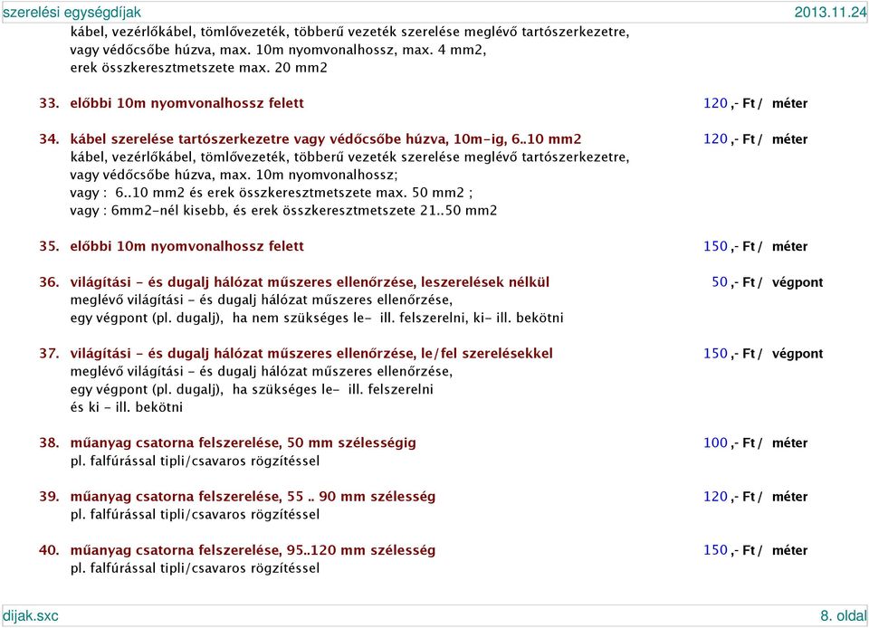 .10 mm2 120,- Ft / méter kábel, vezérlőkábel, tömlővezeték, többerű vezeték szerelése meglévő tartószerkezetre, vagy védőcsőbe húzva, max. 10m nyomvonalhossz; vagy : 6.