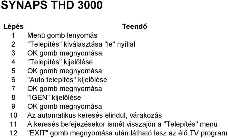 gomb megnyomása 10 Az automatikus keresés elindul, várakozás 11 A keresés befejezésekor