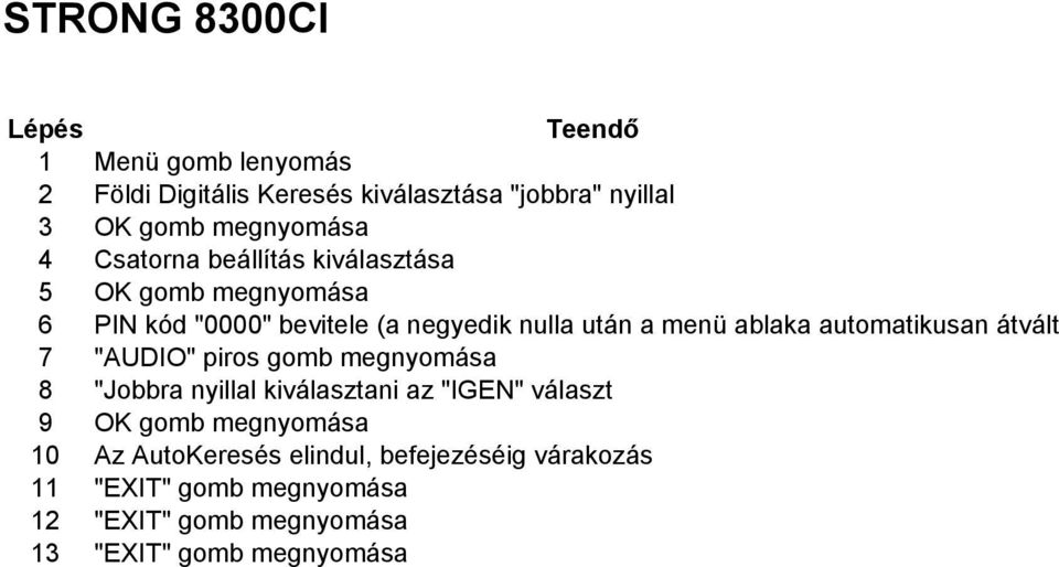 piros gomb megnyomása 8 "Jobbra nyillal kiválasztani az "IGEN" választ 9 OK gomb megnyomása 10 Az AutoKeresés