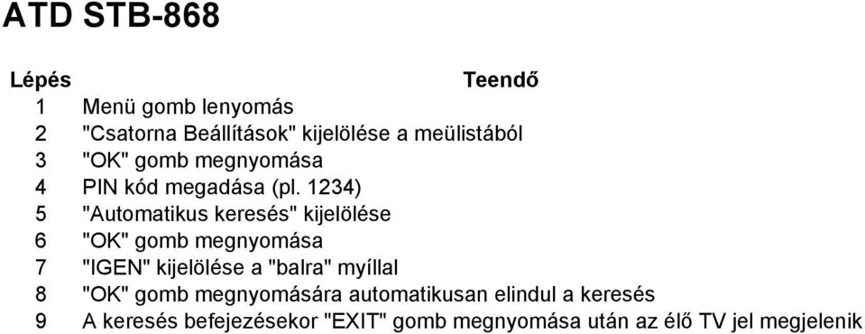 1234) 5 "Automatikus keresés" kijelölése 6 "OK" gomb megnyomása 7 "IGEN" kijelölése a