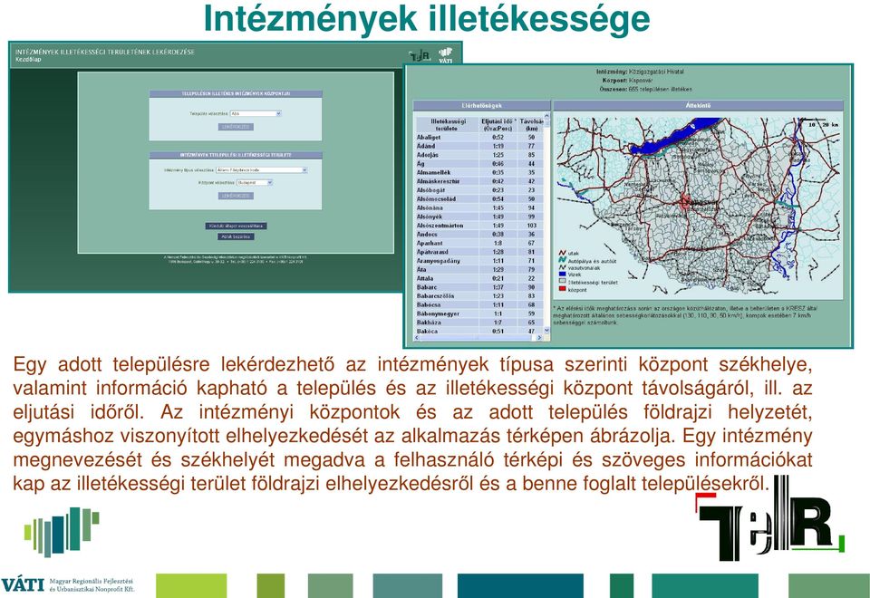 Az intézményi központok és az adott település földrajzi helyzetét, egymáshoz viszonyított elhelyezkedését az alkalmazás térképen