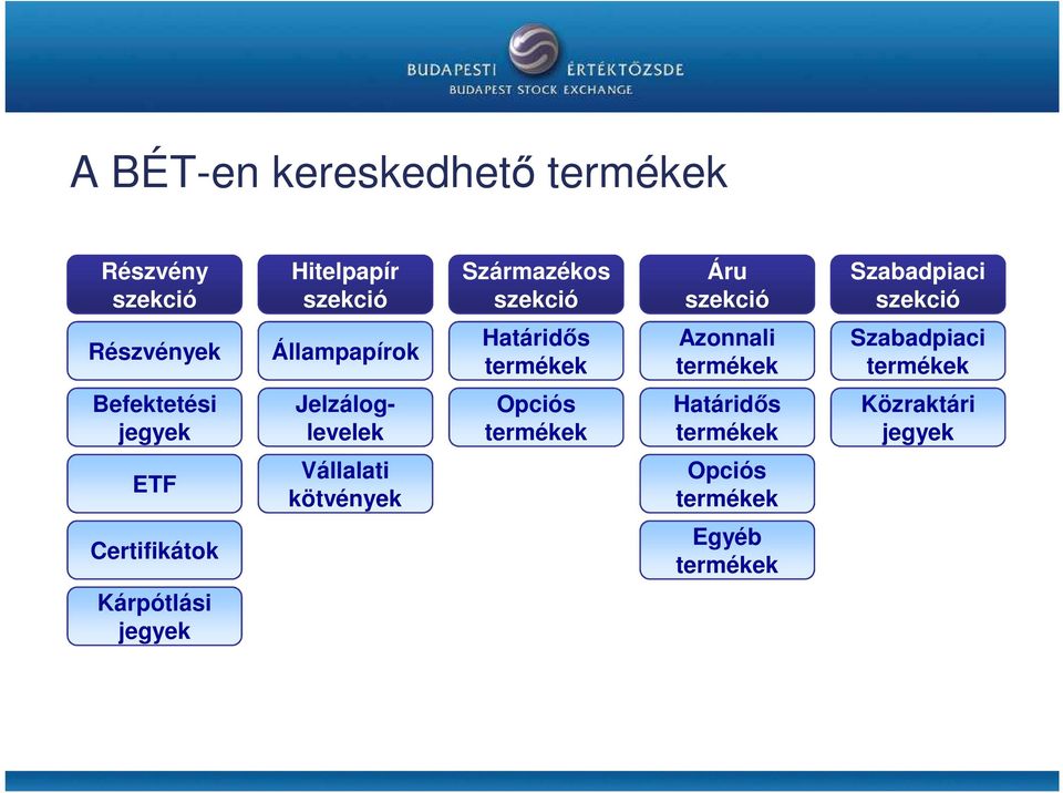 Szabadpiaci termékek Befektetési jegyek Jelzáloglevelek Opciós termékek Határidıs termékek