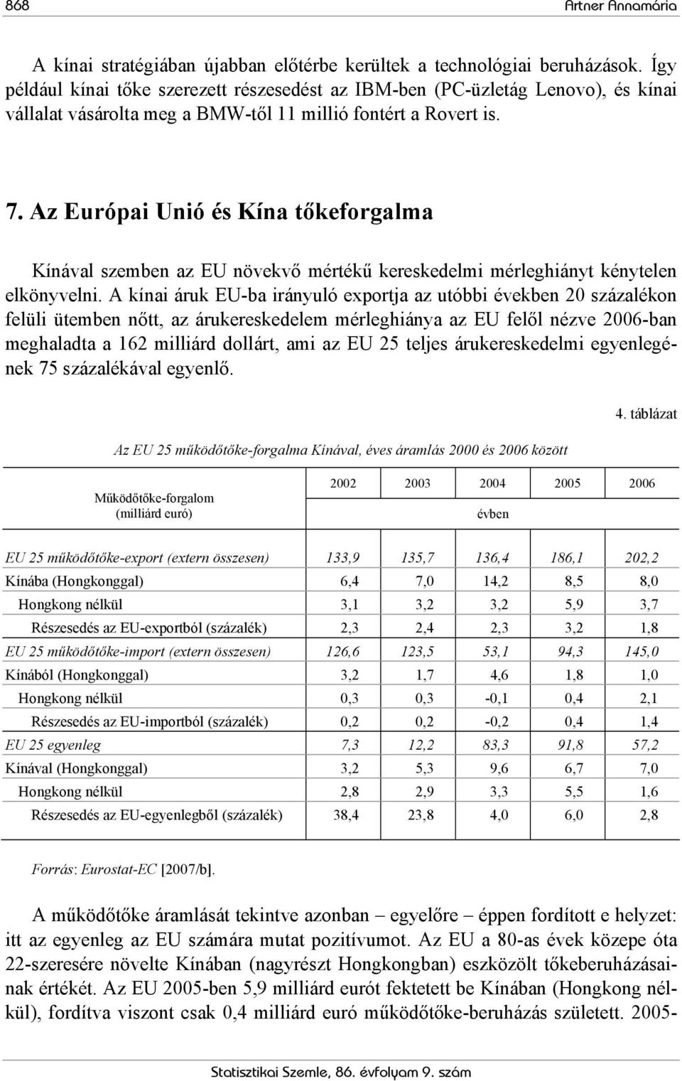 Az Európai Unió és Kína tőkeforgalma Kínával szemben az EU növekvő mértékű kereskedelmi mérleghiányt kénytelen elkönyvelni.