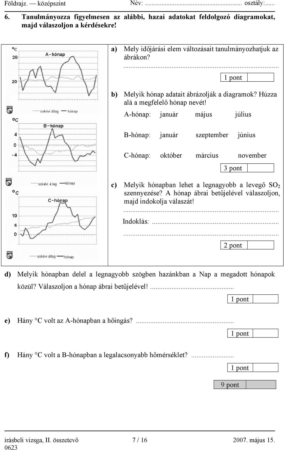 A-hónap: január május július B-hónap: január szeptember június C-hónap: október március november 3 pont c) Melyik hónapban lehet a legnagyobb a levegő SO 2 szennyezése?