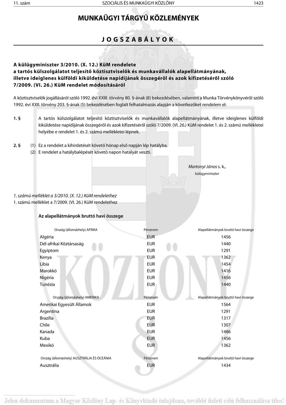 (VI. 26.) KüM rendelet módosításáról A köztisztviselõk jogállásáról szóló 1992. évi XXIII. törvény 80. -ának (8) bekezdésében, valamint a Munka Törvénykönyvérõl szóló 1992. évi XXII. törvény 203.