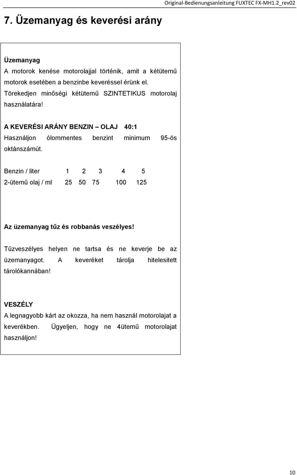 Törekedjen minőségi kétütemű SZINTETIKUS motorolaj használatára! A KEVERÉSI ARÁNY BENZIN OLAJ 40:1 Használjon ólommentes benzint minimum 95-ös oktánszámút.