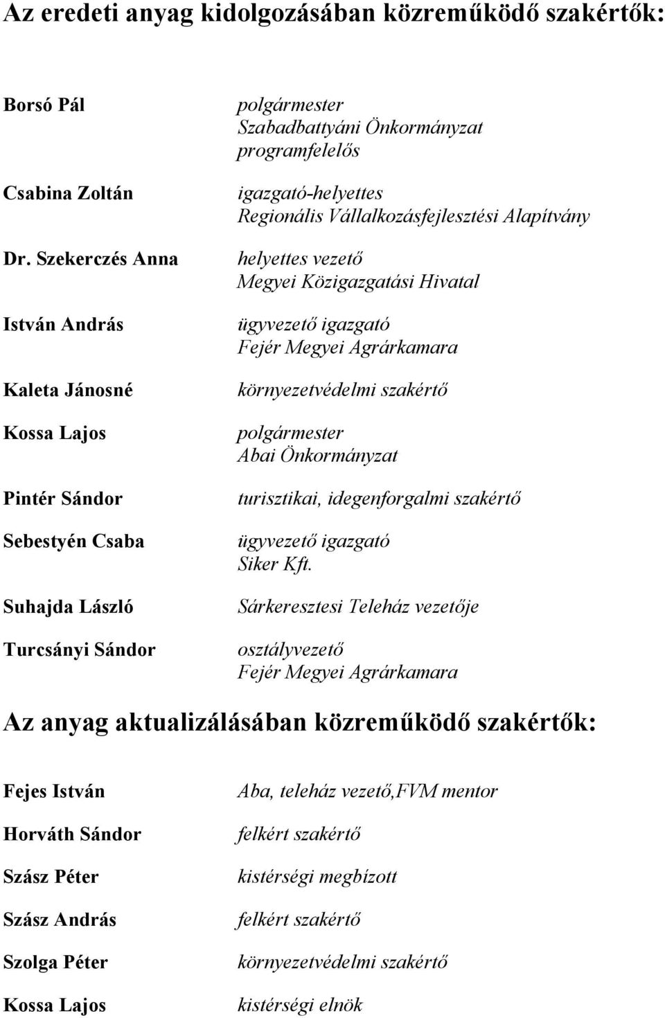 Regionális Vállalkozásfejlesztési Alapítvány helyettes vezető Megyei Közigazgatási Hivatal ügyvezető igazgató Fejér Megyei Agrárkamara környezetvédelmi szakértő polgármester Abai Önkormányzat