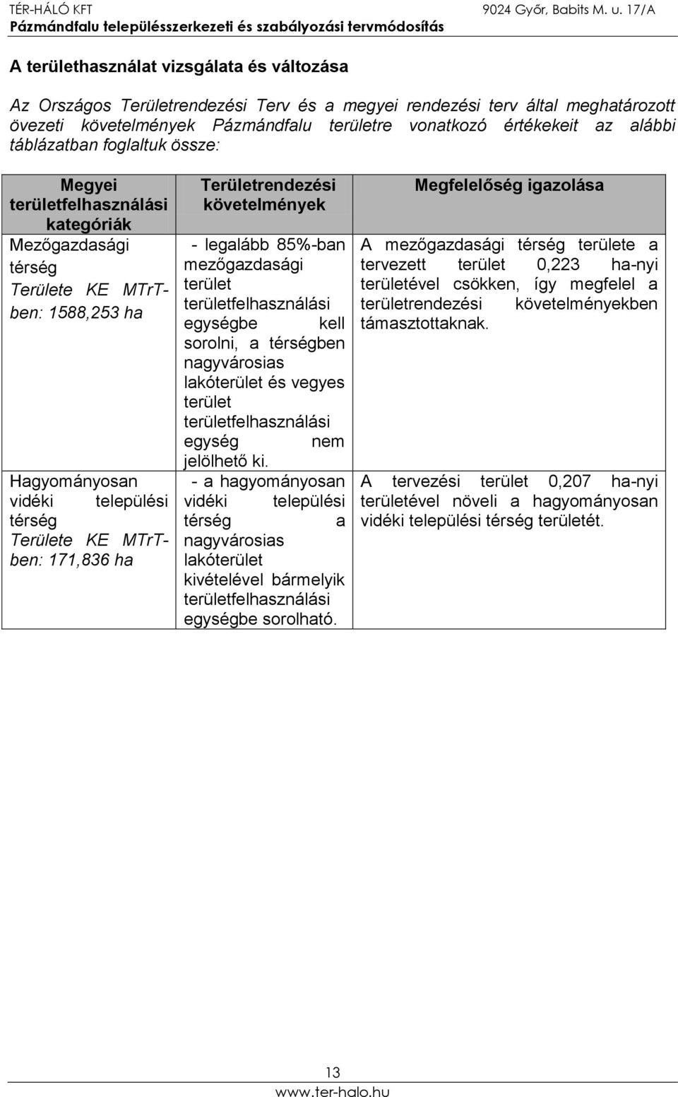 Területrendezési követelmények - legalább 85%-ban mezőgazdasági terület területfelhasználási egységbe kell sorolni, a térségben nagyvárosias lakóterület és vegyes terület területfelhasználási egység