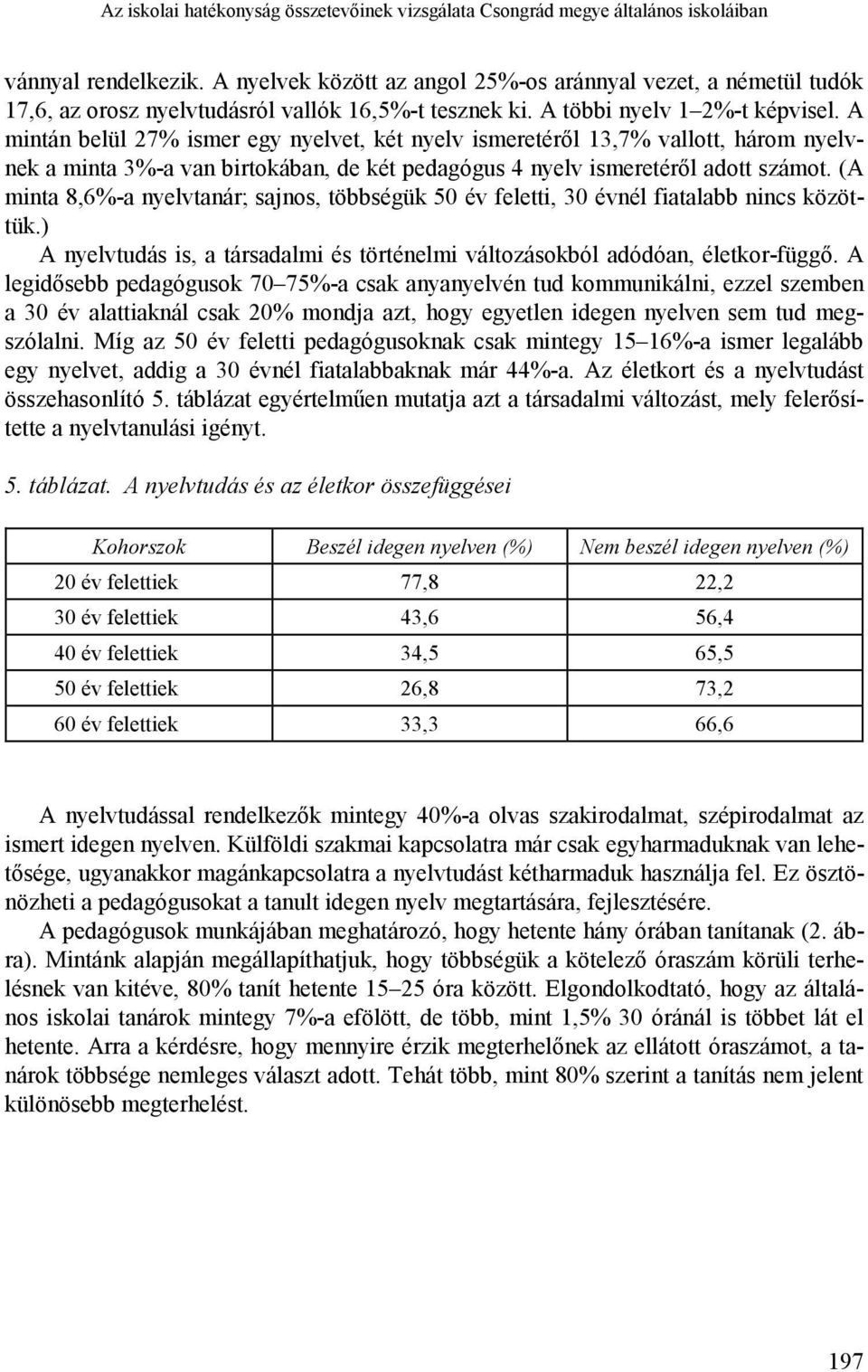 A mintán belül 27% ismer egy nyelvet, két nyelv ismeretéről 13,7% vallott, három nyelvnek a minta 3%-a van birtokában, de két pedagógus 4 nyelv ismeretéről adott számot.