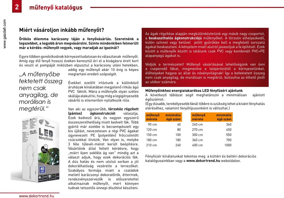 Amíg egy élő fenyő hosszú éveken keresztül éri el a kivágásra érett kort és veszti el pompáját miközben elpusztul a karácsony utáni hetekben, addig egy műfenyő akár 10 évig is képes megtartani