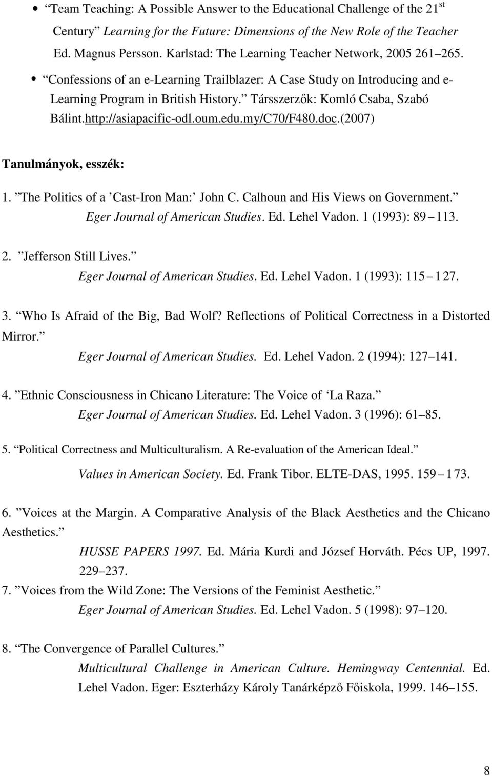 Társszerzők: Komló Csaba, Szabó Bálint.http://asiapacific-odl.oum.edu.my/C70/F480.doc.(2007) Tanulmányok, esszék: 1. The Politics of a Cast-Iron Man: John C. Calhoun and His Views on Government.