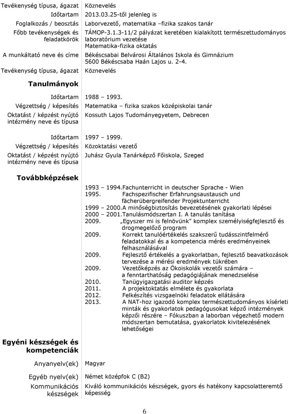 3-11/2 pályázat keretében kialakított természettudományos laboratórium vezetése Matematika-fizika oktatás A munkáltató neve és címe Békéscsabai Belvárosi Általános Iskola és Gimnázium 5600 Békéscsaba