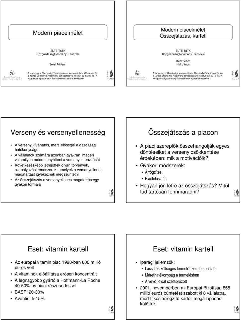 Alapítváy táogatásával készült az ELTE TáTK Közgazaságtuoáyi Taszékéek közreűköésével Versey és verseyelleesség A versey kíváatos, ert elősegíti a gazasági hatékoyságot A vállalatok száára azoba