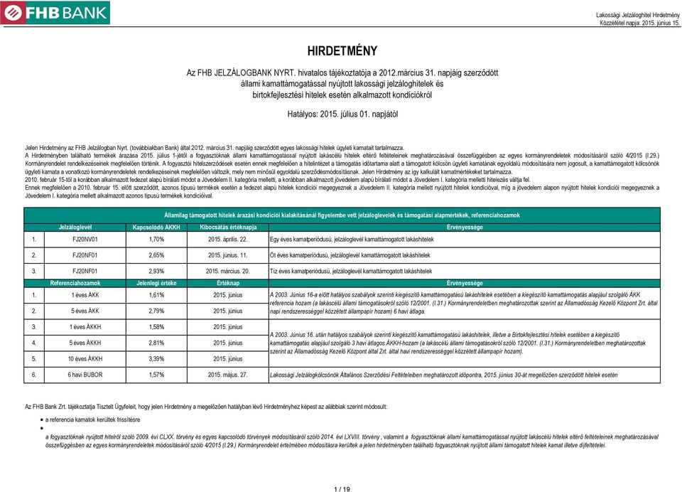 napjától Jelen Hirdetmény az FHB Jelzálogban Nyrt. (továbbiakban Bank) által 2012. március 31. napjáig szerződött egyes lakossági hitelek ügyleti kamatait tartalmazza.