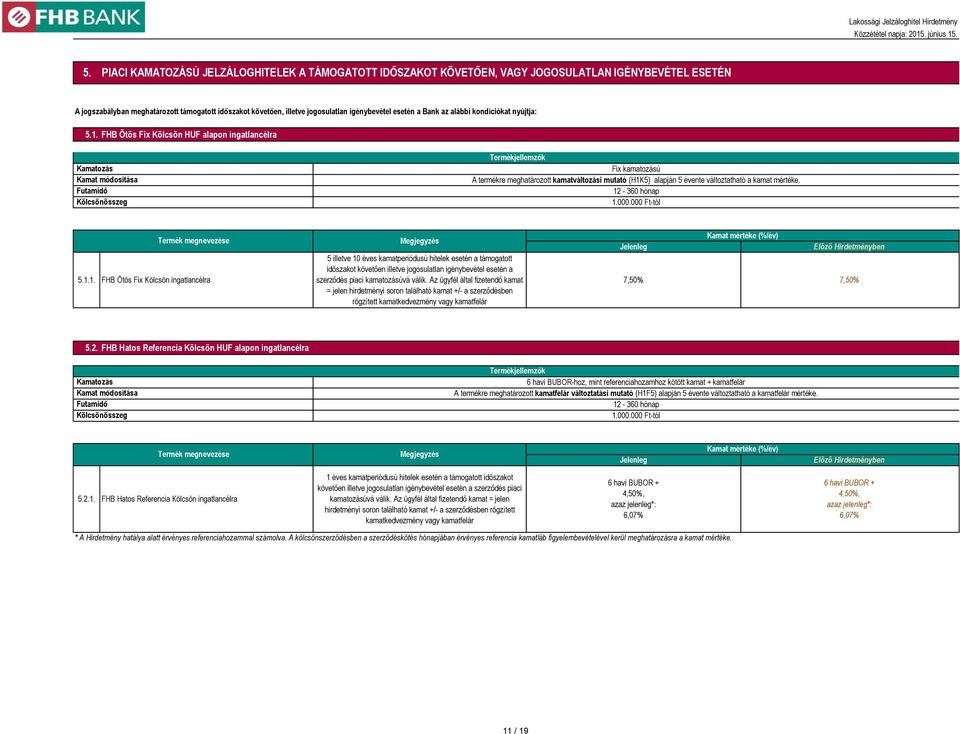 FHB Ötös Fix Kölcsön HUF alapon ingatlancélra ozás módosítása Futamidő Kölcsönösszeg Termékjellemzők Fix kamatozású A termékre meghatározott kamatváltozási mutató (H1K5) alapján 5 évente