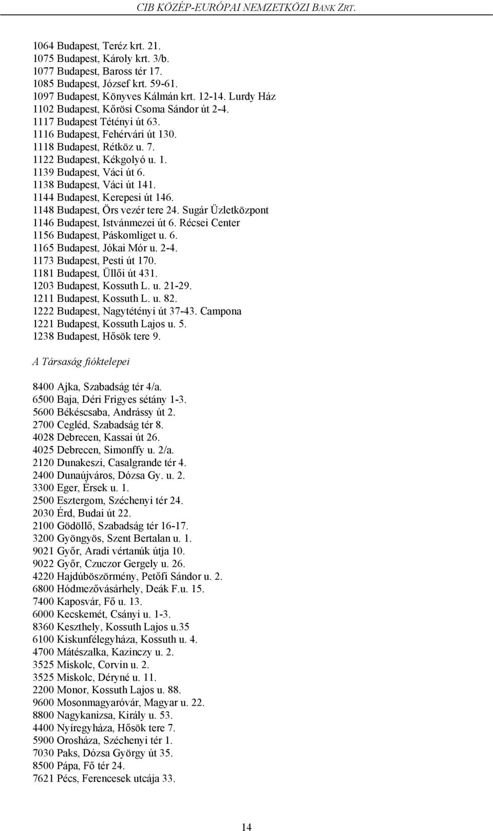 1138 Budapest, Váci út 141. 1144 Budapest, Kerepesi út 146. 1148 Budapest, Örs vezér tere 24. Sugár Üzletközpont 1146 Budapest, Istvánmezei út 6. Récsei Center 1156 Budapest, Páskomliget u. 6. 1165 Budapest, Jókai Mór u.