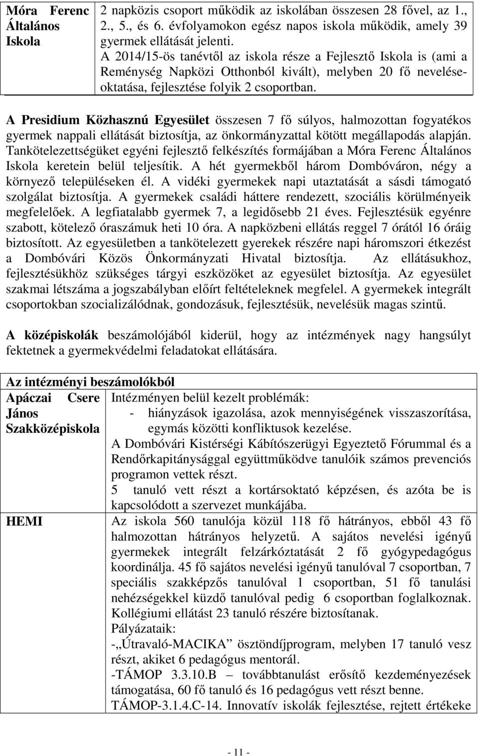 A Presidium Közhasznú Egyesület összesen 7 fő súlyos, halmozottan fogyatékos gyermek nappali ellátását biztosítja, az önkormányzattal kötött megállapodás alapján.