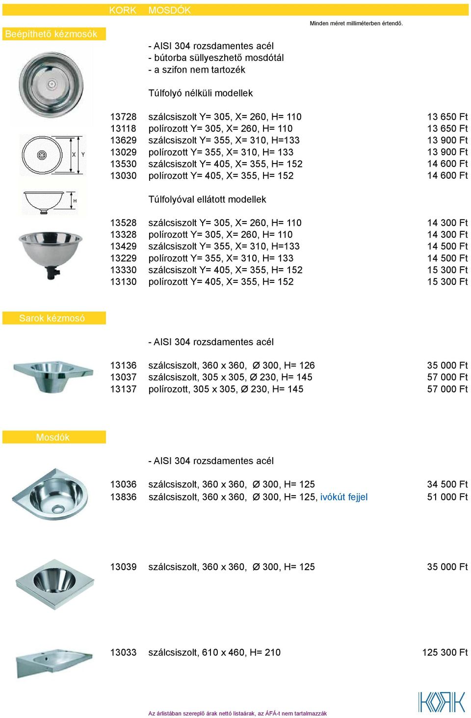 650 Ft 13 900 Ft 13 900 Ft 14 600 Ft 14 600 Ft Túlfolyóval ellátott modellek 13528 13328 13429 13229 13330 13130 szálcsiszolt Y= 305, X= 260, H= 110 polírozott Y= 305, X= 260, H= 110 szálcsiszolt Y=